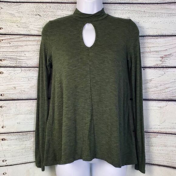 American Eagle Soft & Sexy Slub Long Sleeve Top XS Olive Green Mock Neck Keyhole - Picture 1 of 7